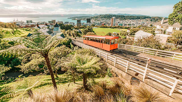 Luftaufnahme über der Stadt Wellington, Neuseeland, mit einer Seilbahn, die in der Mitte den Hügel hinaufsteigt. © tobiasjo via Getty Images