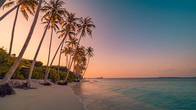 Strand beim Sonnenuntergang auf den Malediven.