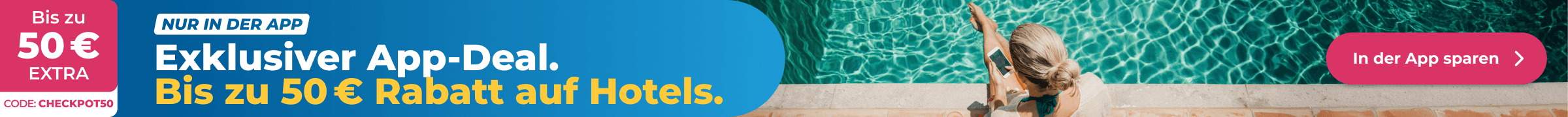 Spare jetzt bis zu 50 € extra bei Hotel-Buchungen in der HolidayCheck App.