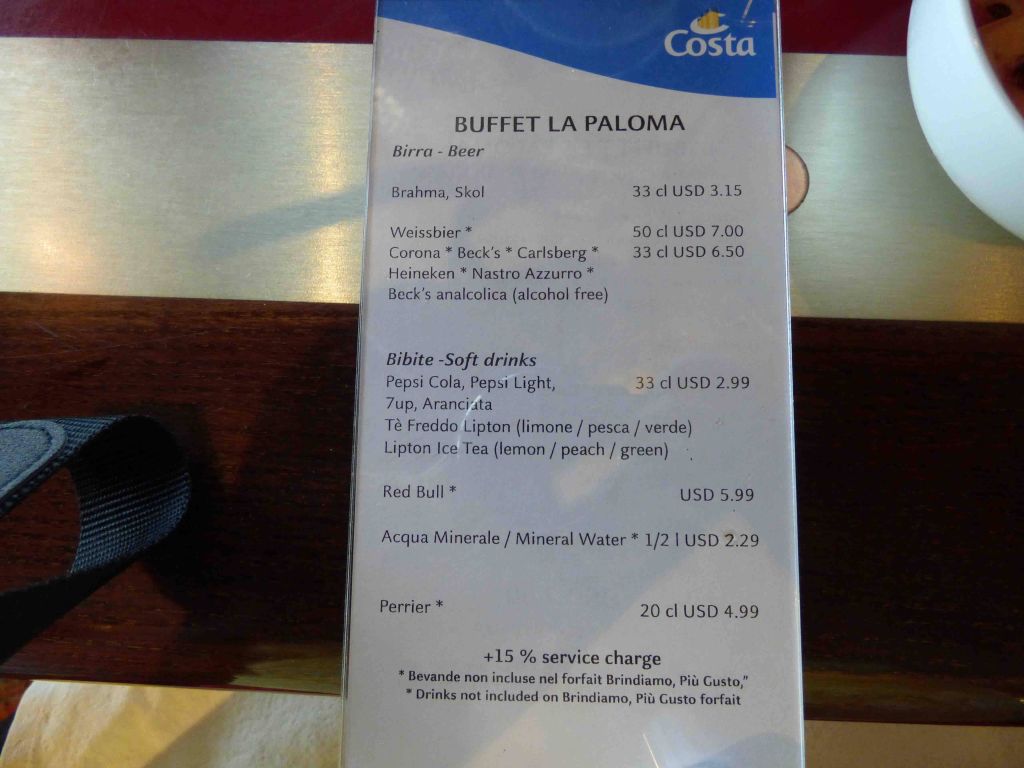 Auszug Getränkekarte Costa Pacifica Holidaycheck