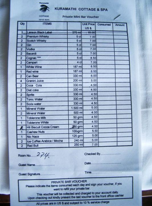 "Preisliste Minibar" Kuramathi Maldives (Rasdhoo) • HolidayCheck (Alif Alif Atoll Malediven)