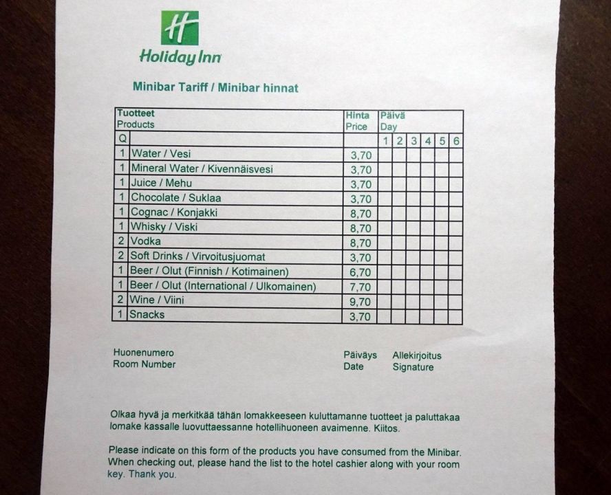 "Minibar pricelist" Holiday Inn Helsinki West Ruoholahti (Helsinki) • HolidayCheck