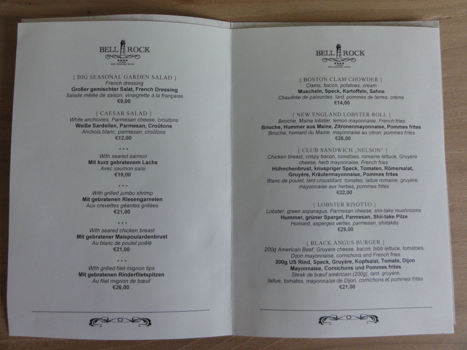 Speisekarte Room Service Hotel Bell Rock Europa Park Rust