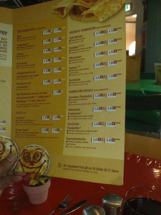 "Auszug aus der Karte des Pfannkuchenhaus" Center Parcs Bispinger Heide