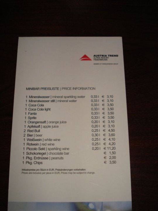 "Preisliste der Mini-Bar" Austria Trend Alpine Resort Fieberbrunn ...