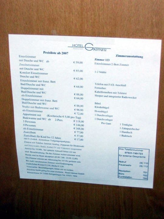 "Preisliste" Hotel Gärtner (Holzgerlingen) • HolidayCheck (Baden