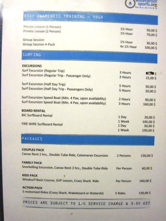 Preisliste der überteuerten Wassersportarten Adaaran Select Hudhuran Fushi - Premium All Inclusive