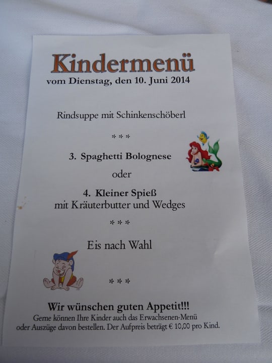 Kindermenü Pfingsten 2014 Hotel AlpenSchlössl