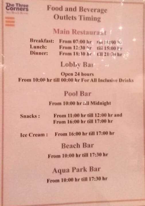 Öffnungszeiten Three Corners Sea Beach Resort