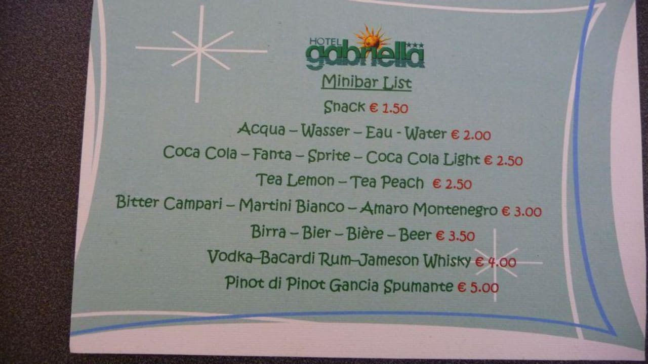 Preisliste Minibar (alles incl. Plastikbecher) Hotel Gabriella