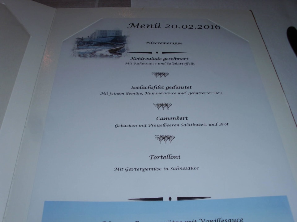 Die Menükarte vom 20. Februar 2016 AKZENT Waldhotel Rügen
