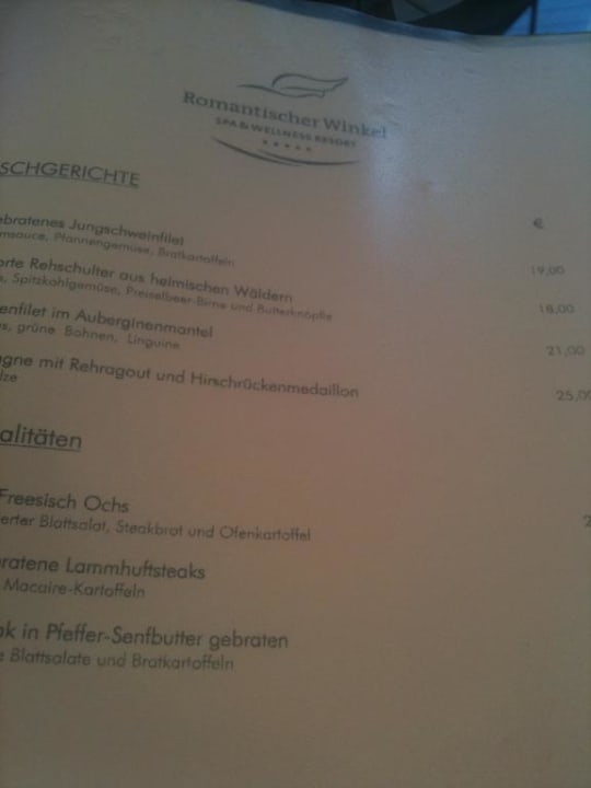 Speisekarte Romantischer Winkel RoLigio® & Wellness Resort