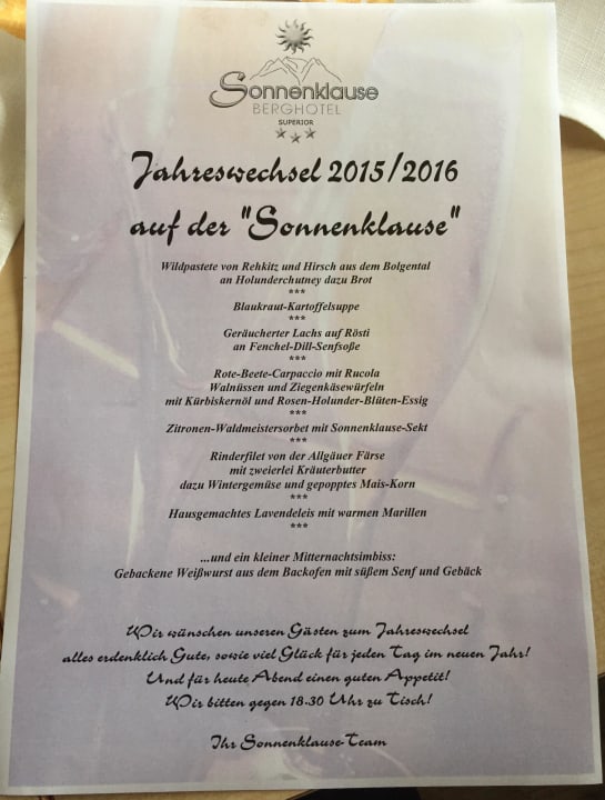 Silvester Menü Berghotel Sonnenklause