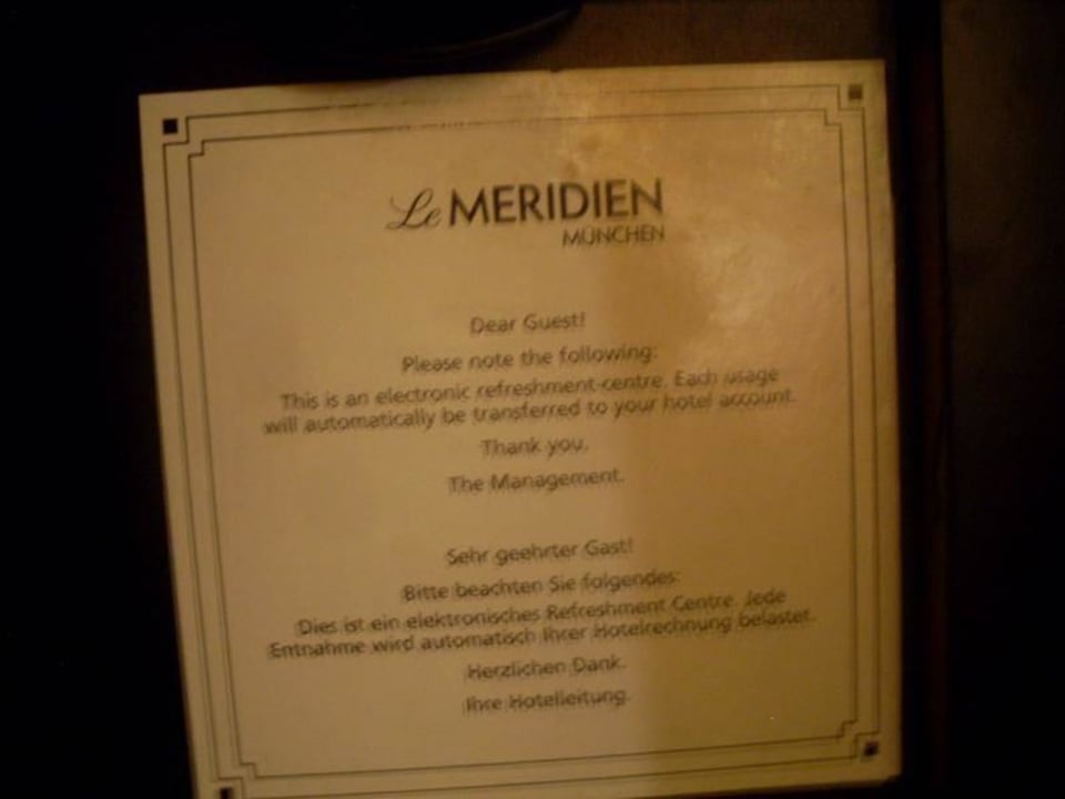 Minibar-Benutzungshinweise Hotel Le Méridien München