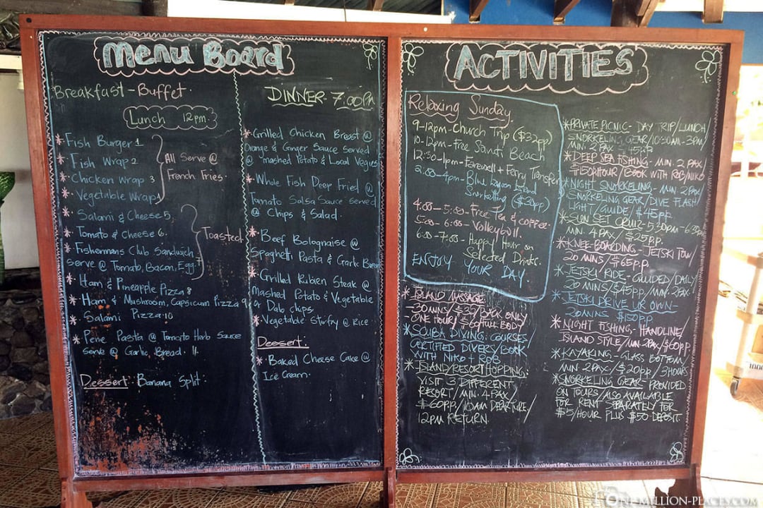 "Speisekarte" und Aktivitäten Coralview Resort