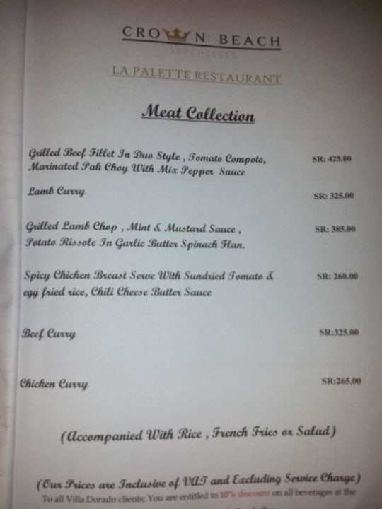 Speisekarte des benachbarten Hotels Villa Dorado