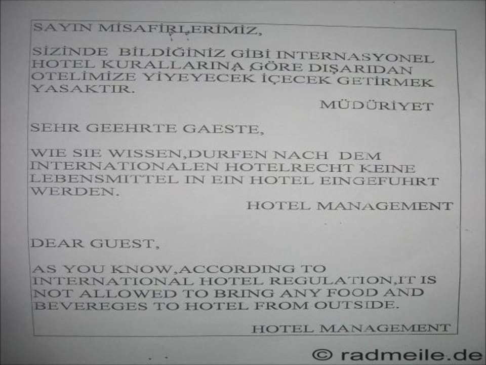 Hinweis zu Getränken von ausserhalb Can Garden Beach