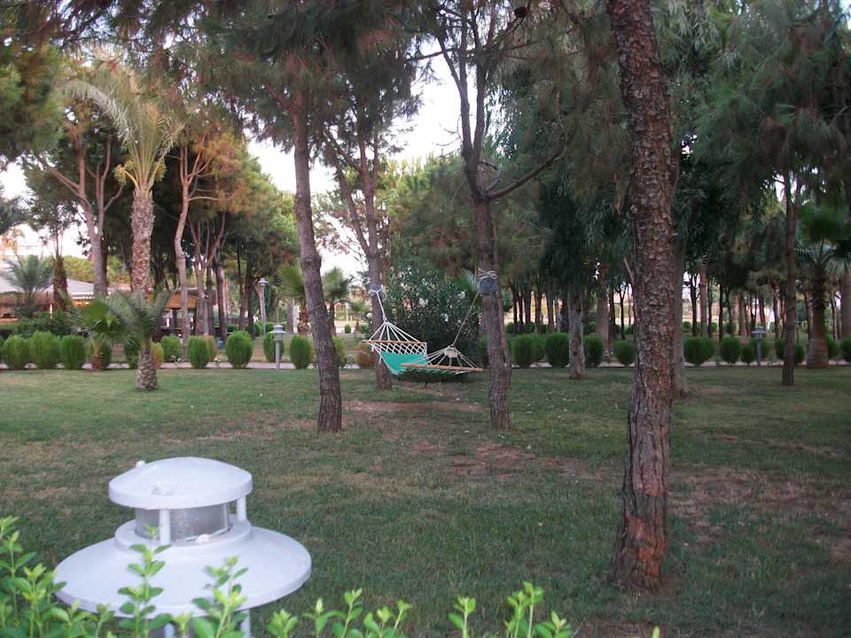 Eine riesige Gartenanlage mit vielen Hängematten Club Turtas Beach Hotel