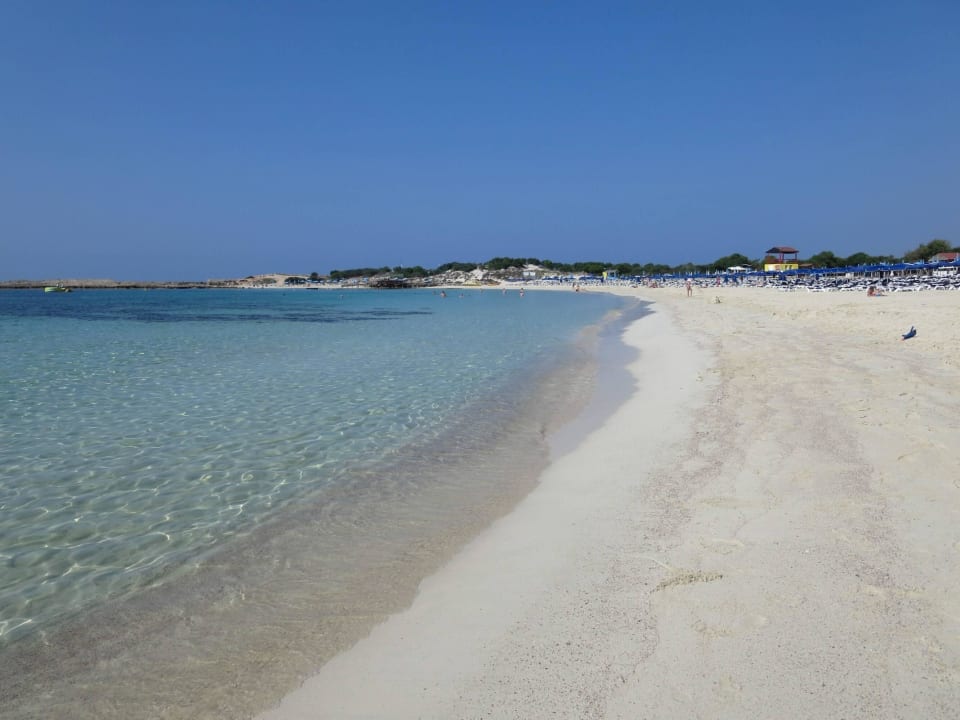 Ein langer Sandstrand mit glasklarem Wasser Asterias Beach