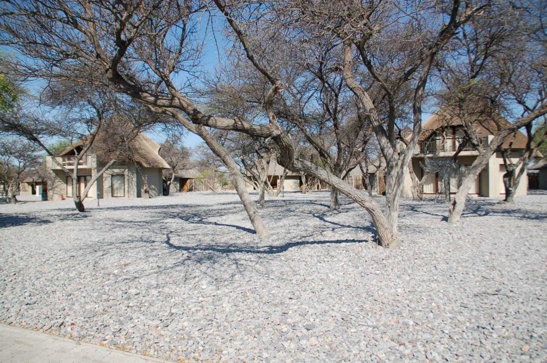 Die Waterhole-Chalets vom Wasserloch aus gesehen Okaukuejo Camp