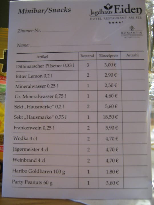 Zimmer 722 - Minibarpreise Romantik Hotel Jagdhaus Eiden am See