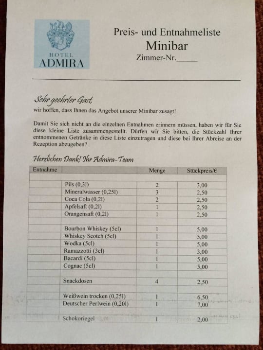 Preisliste Mini-Bar AMEDIA Hotel Weiden, Trademark Collection by Wyndham