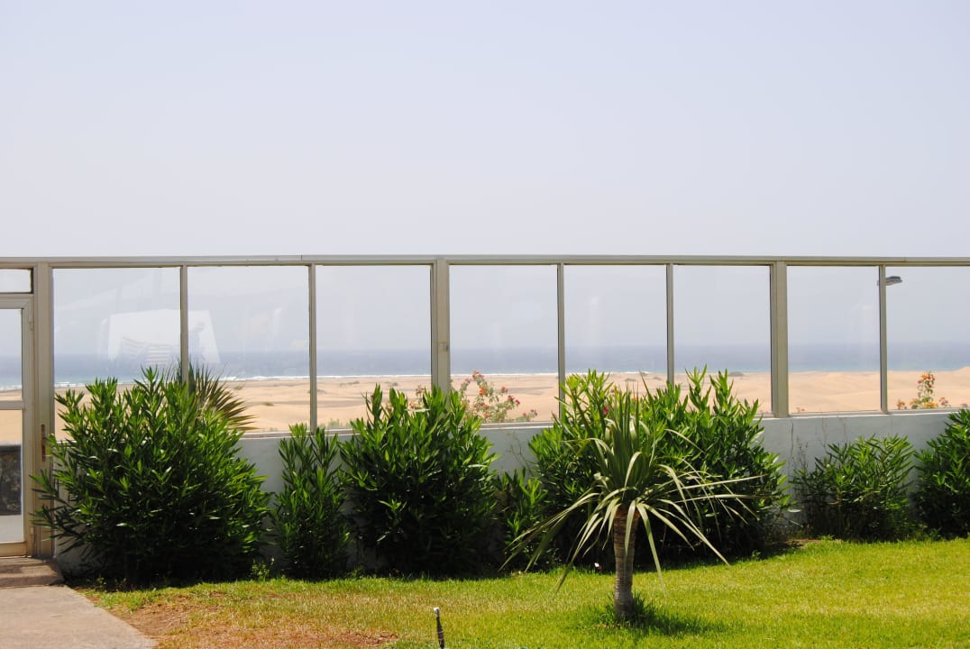 Blick vom Garten zu den Dünen Sahara Beach Club