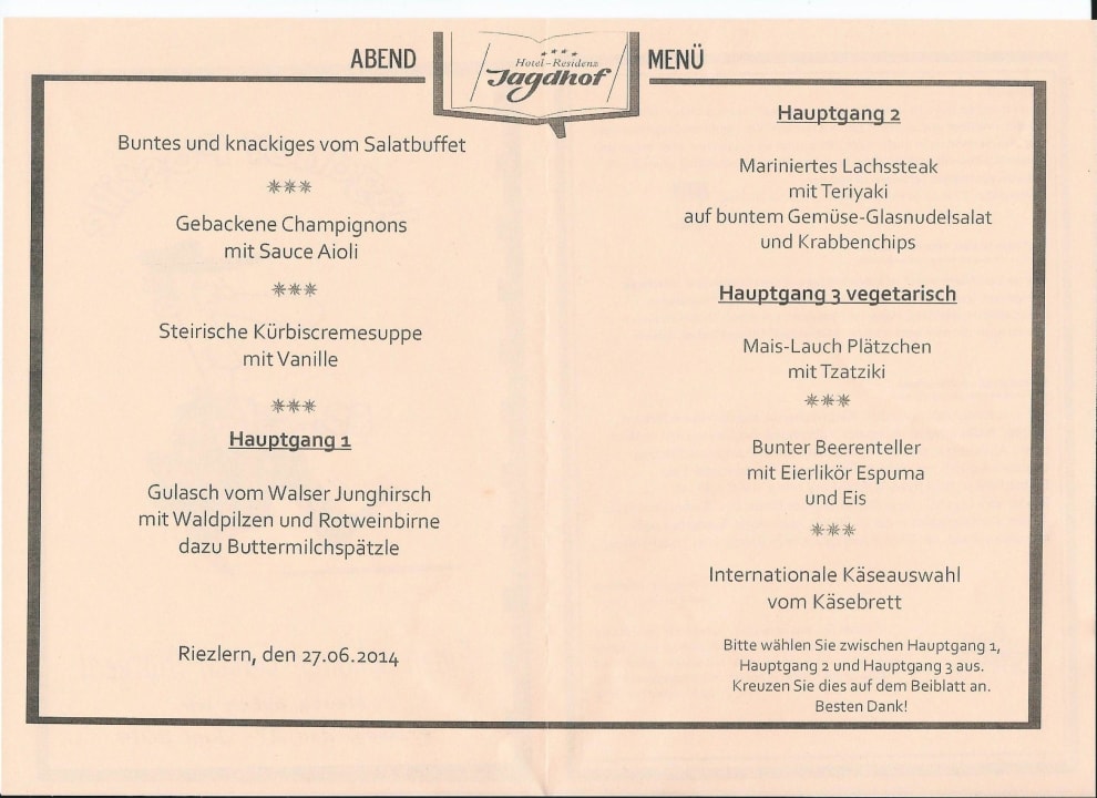 Menuplan Hotel Jagdhof