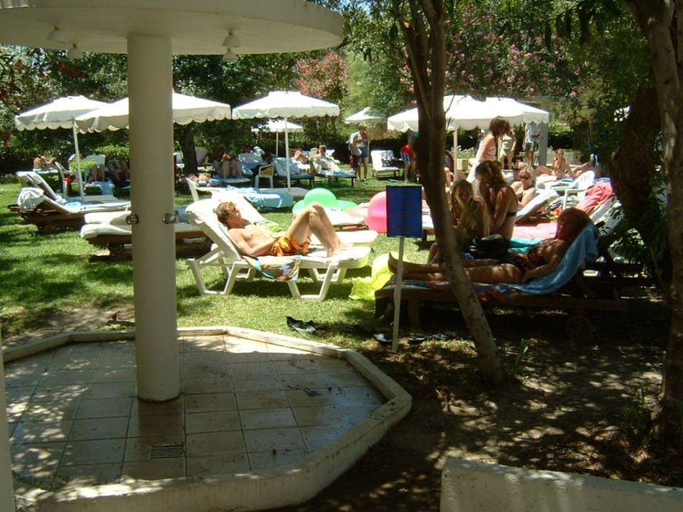 Liegen an Liegen, schmutzige Dusche, "Wiese" Hotel Calypso Beach