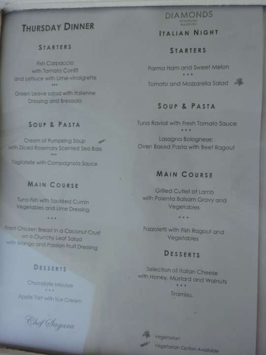 Menu-Karte Villen-Restaurant ananea Diamonds Athuruga