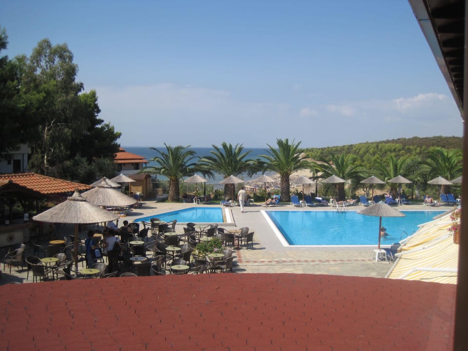 Blick zum Pool/Meer vom Hauptgebäude Blue Dolphin Resort Hotel
