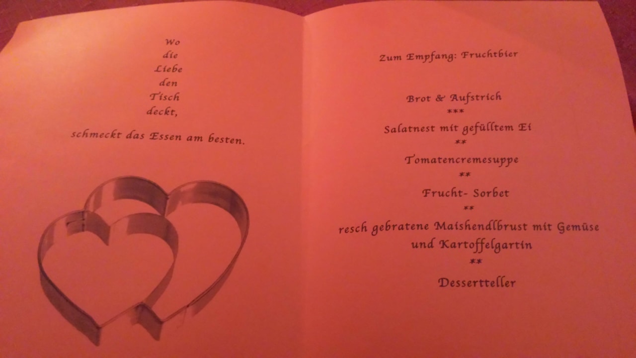 Das Menü des Candle-light-Dinners am 1. Abend 1. Bier & Wohlfühlhotel Gut Riedelsbach