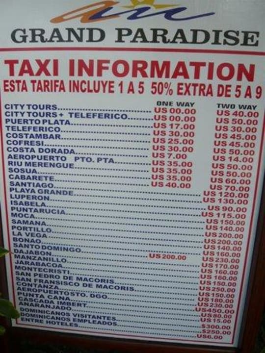 Taxipreise ab Hotel Grand Paradise Playa Dorada