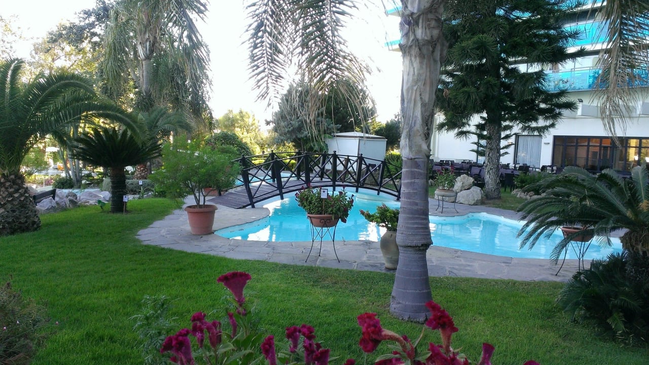 Ausschnitt Poolbereich mit Garten Hotel Calypso Beach