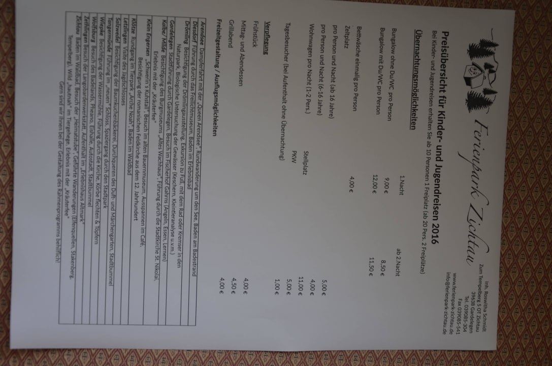 Preisliste Gruppenreisen Ferienpark Zichtau