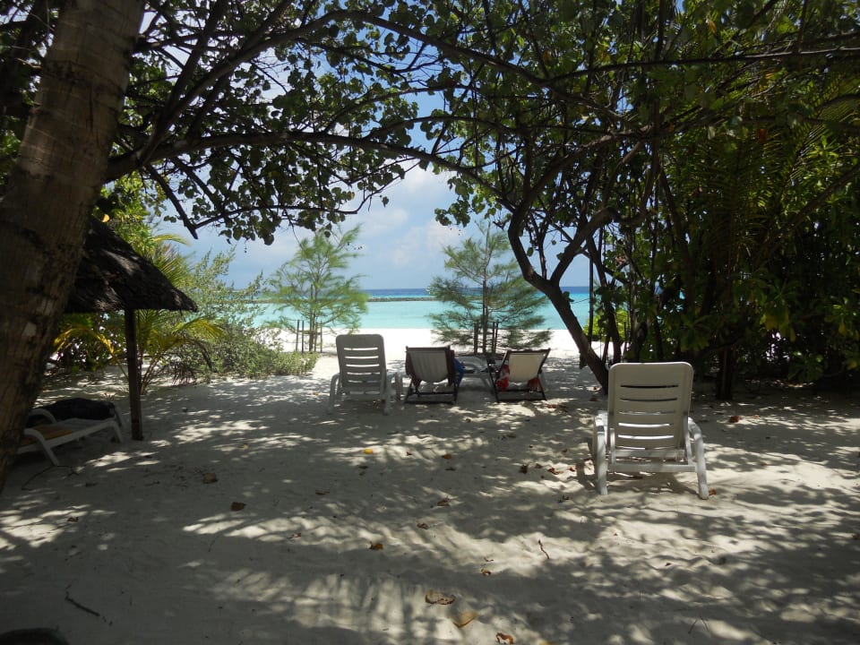Blick raus von Bungi 12, Liegefläche im Schatten Summer Island Maldives
