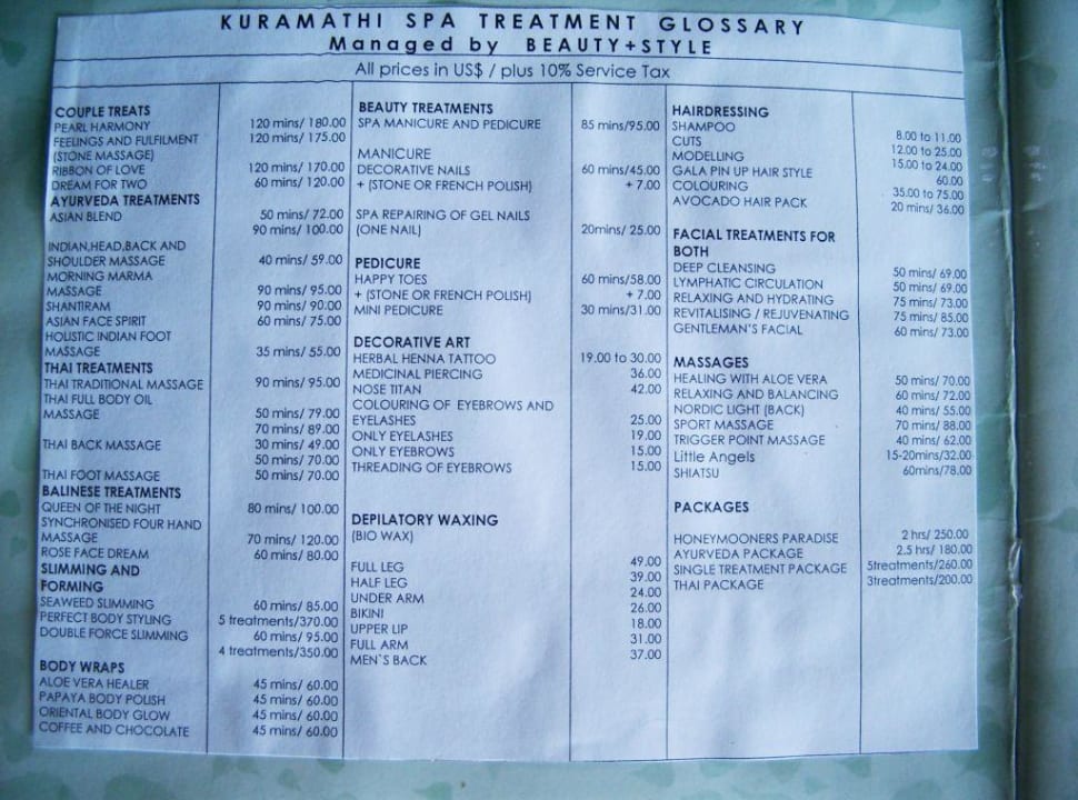 Preisliste Spa Kuramathi Maldives