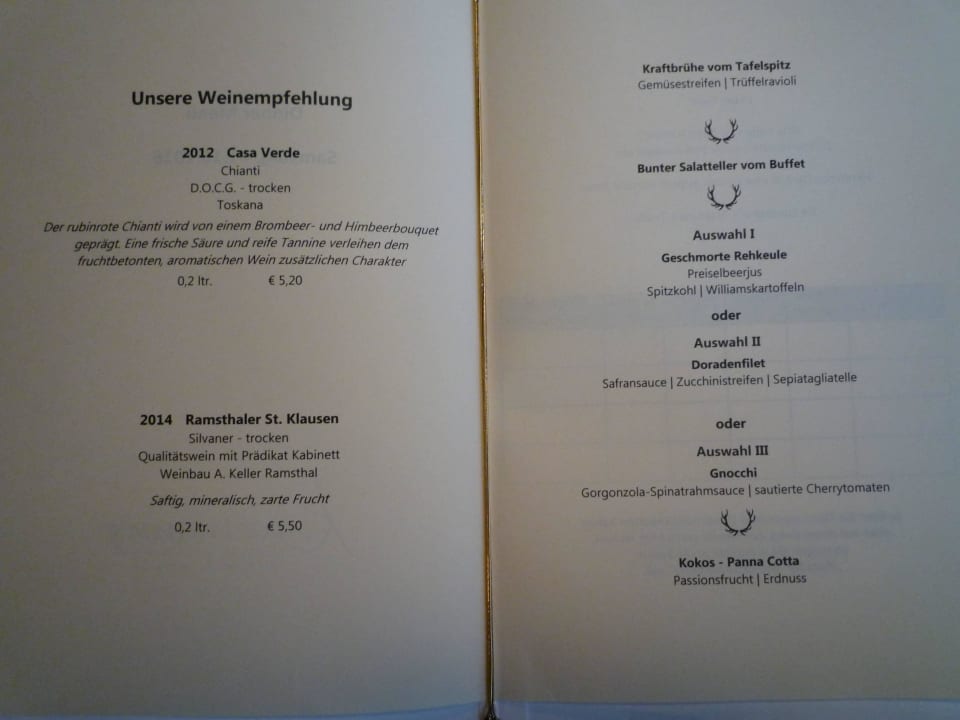 Speisekarte für Halbpensionsgäste Kunzmann's Hotel & Spa