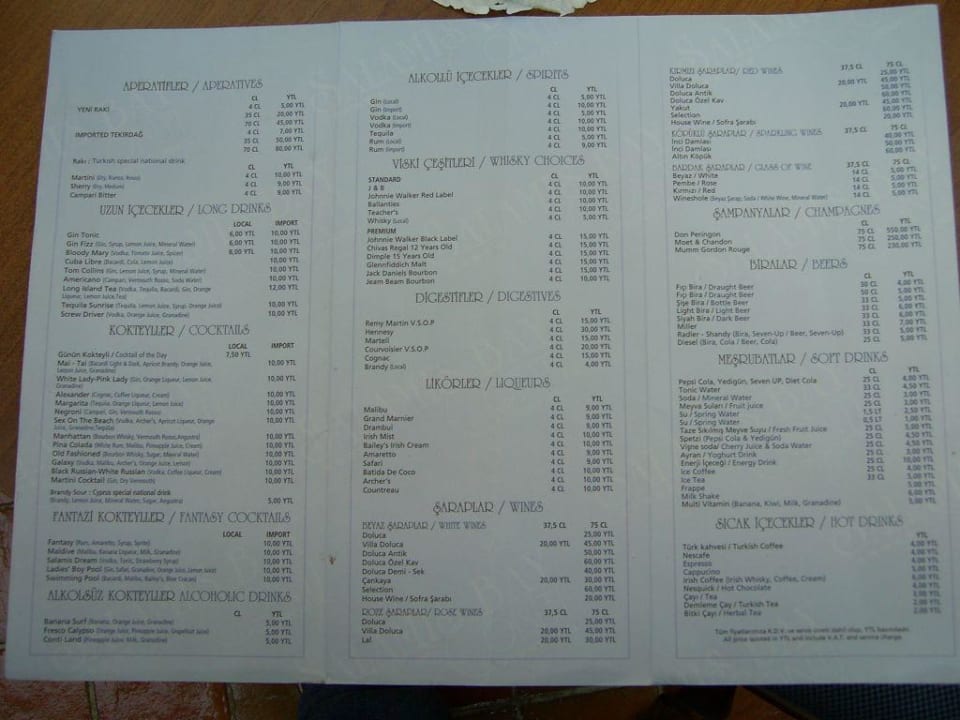 Getränkekarte Salamis Bay Conti Resort Hotel & Casino