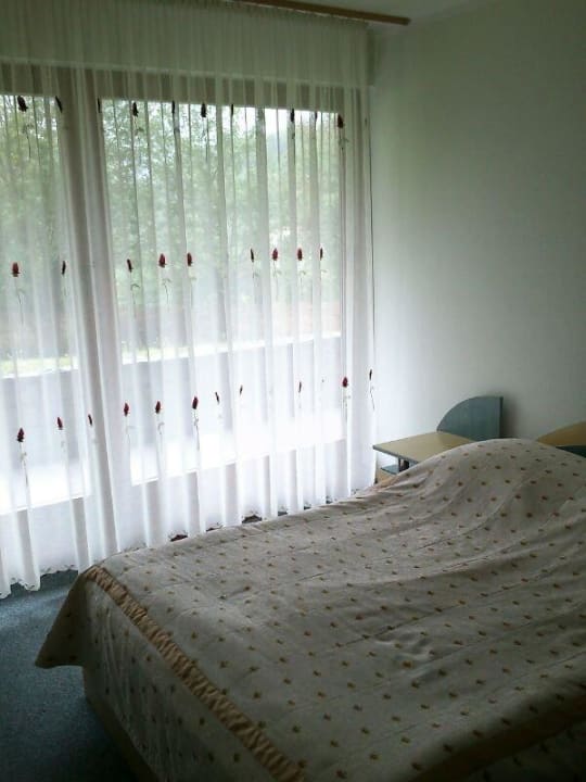 Pokój z łóżkiem i widok z tarasu na zieleń Centrum Kongresów i Rekreacji Orle Gniazdo