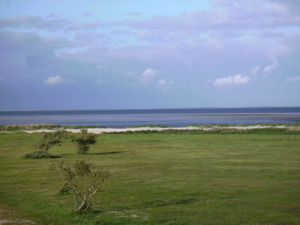 Deichblick: zu Sandstrand, hinten: Insel Mellum Upstalsboom Hotel am Strand
