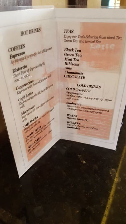 Getränkekarte im Tamraya-Café Pickalbatros Alf Leila Wa Leila Resort - Neverland Hurghada