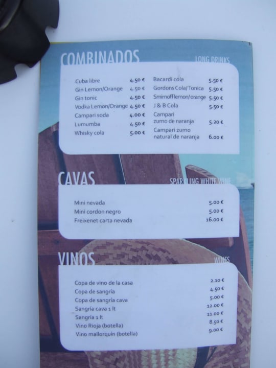 Getränkekarte Bar keine Kennzeichnung der AI Getränke BLUESEA Anba Romani