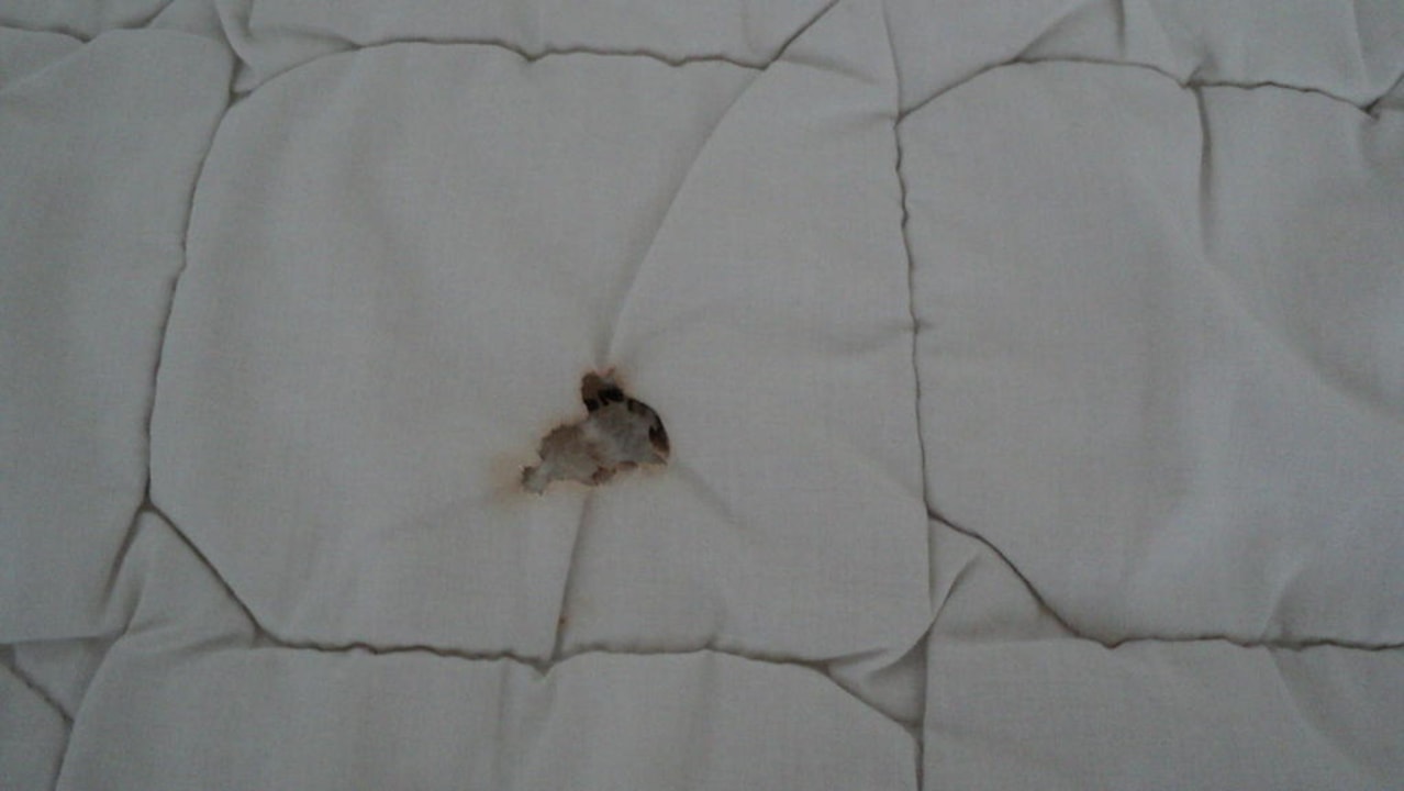 Bettdecke mit Brandloch freiraum Gästehaus