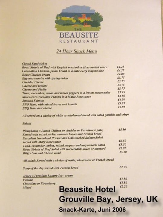 Snack-Menukarte Beausite Hotel