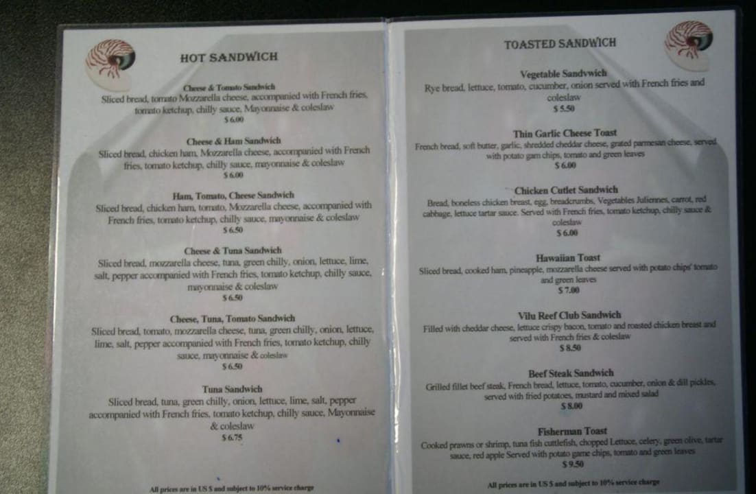 Snackkarte Sun Siyam Vilu Reef