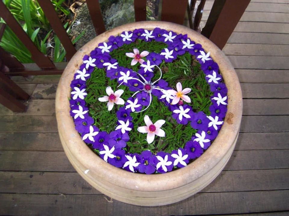 Blumendeko (jeden Tag frisch) auf den Wegen Hotel Pangkor Laut Resort/Estates