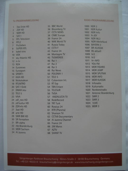 TV-Kanalliste Steigenberger Parkhotel Braunschweig