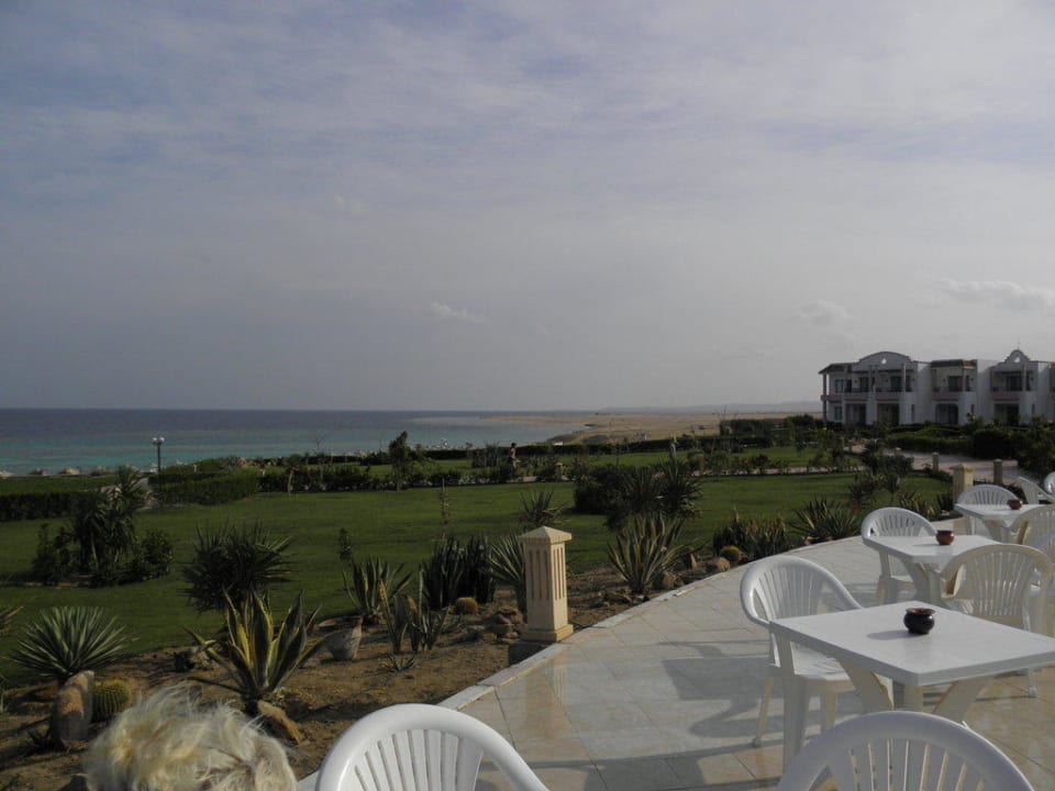 Widok na ogród i morze z baru przy basenie Fantazia Resort Marsa Alam