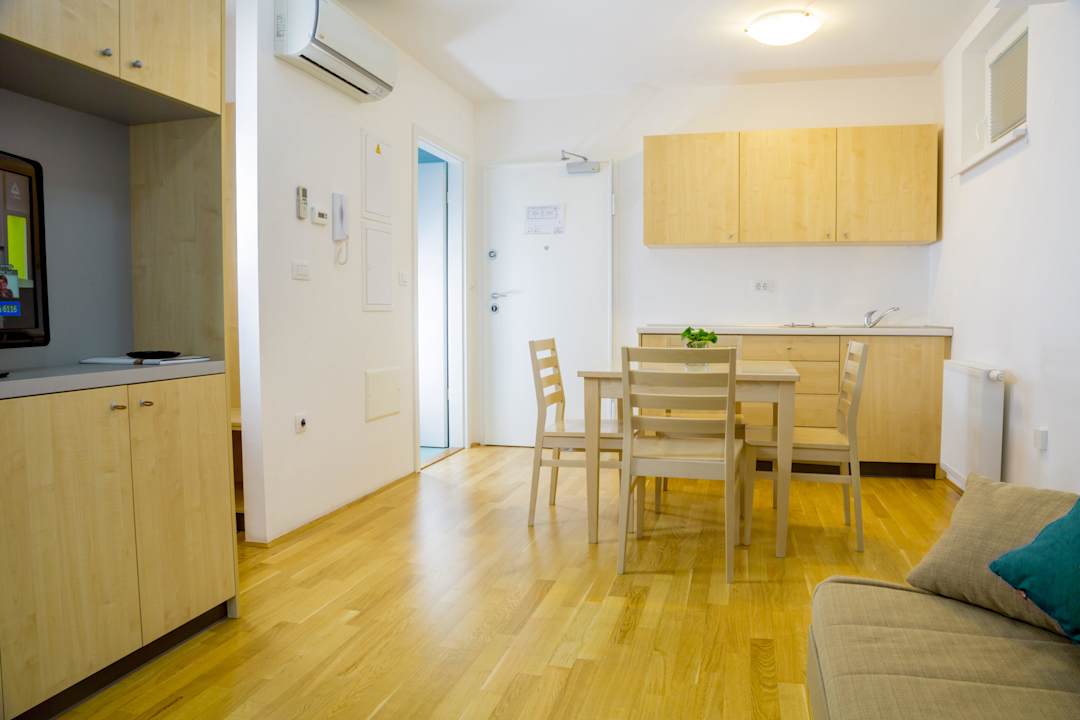 Kitchenette and a living room in the apartments Postojna cave Rooms & Apartments Proteus